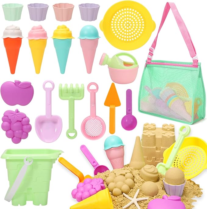 Tagitary Beach Sand Toys for Kids, Beach Toys 23PCS Set with Ice Cream Cake Sand Molds, Mesh Beach Bag, Bucket, Watering Can, Shovel, Rake - Ideal for Toddler Sandbox, Outdoor Play and Beach Travel