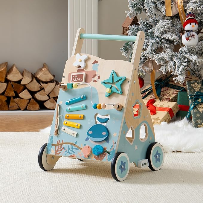 ROBOTIME Wooden Baby Push Walker, Ocean-Themed Wooden Baby Walker with Wheels, Sit-to-Stand Activity Center, Push Toy for Toddlers, for Boys and Girls