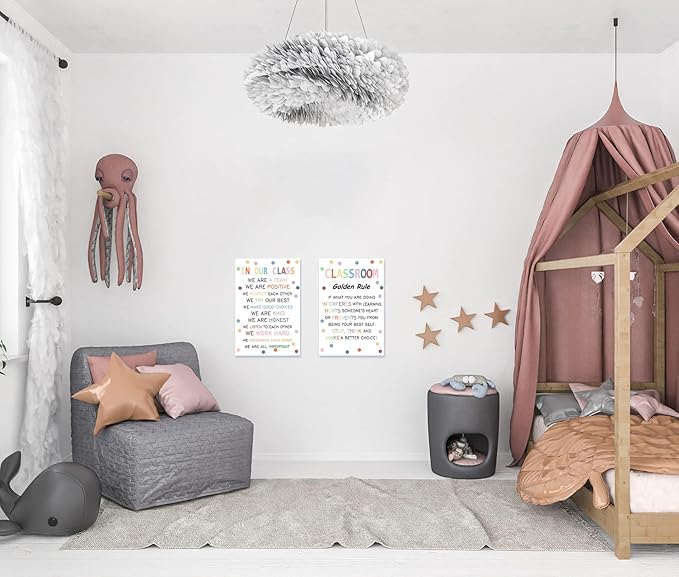 Wentipo Classroom Rule Poster with Pastel Boho Polka Dots, Classroom Rules Poster for Elementary, Middle School, Positive Behavior Management Sign Wall Art Bulletin Board Decor 8x12inch Unframed