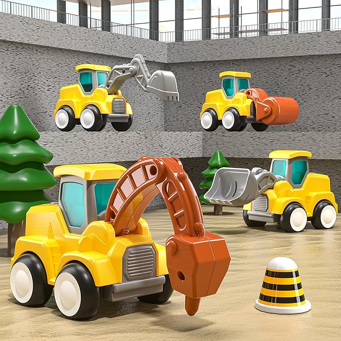 Press and Go Construction Vehicle Trucks Toys for Toddlers 2-4, 4 PCS Car Trucks for Boys Girls with Flexible Joints, Kids Toddlers Toys for 3 4 5 6 Years Old Boys Girls Birthday Gifts