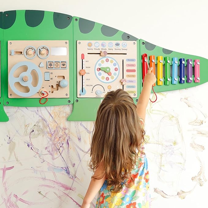 Montessori Busy Board Dinosaur Educational Toy, 4 Interchangeable Wooden Sensory Activity Board Wall Panel for Kids, Sensory Learning Toy for Boys and Girls Playroom, Toddler Room Decor