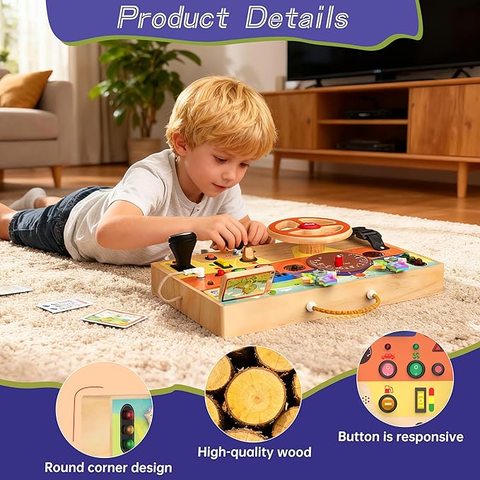 Busy Board Montessori Toys for Toddlers 1-3 with Steering Wheel, Lights & Switches, Wooden Driving Activity Board | Sensory Montessori Busy Board for 1+ Year Old, Toddler Learning & Travel Toy