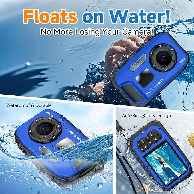 Underwater Floating Digital Camera – 48MP HD Bare-Body Waterproof Camera, No Case Needed for Underwater Fun & Childhood Memories (Blue)