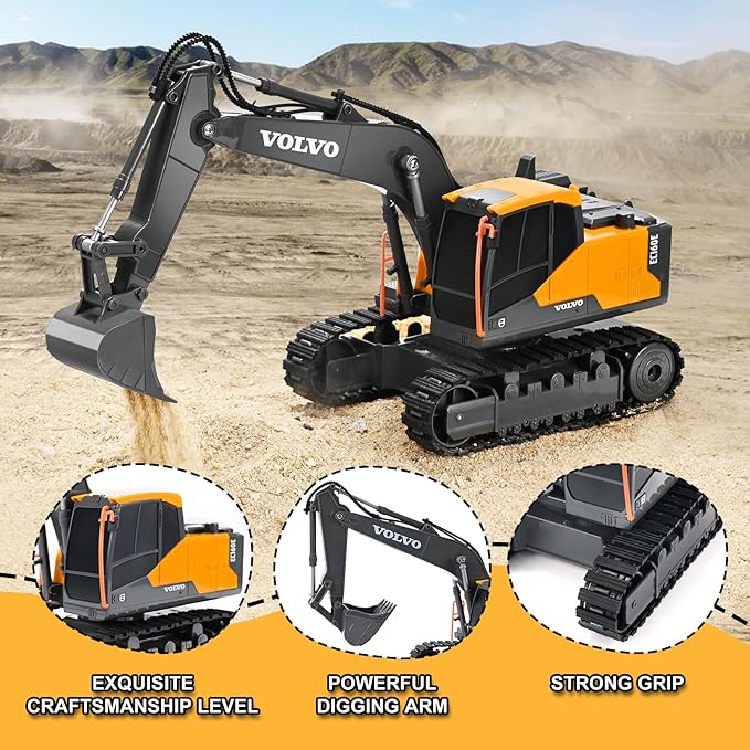 DOUBLE E Volvo RC Excavator Remote Control Excavator Toy for Boys Full Function Construction Vehicles Toys with Shovel for Outdoor Play Sandbox Digger Toys Gifts for Kids