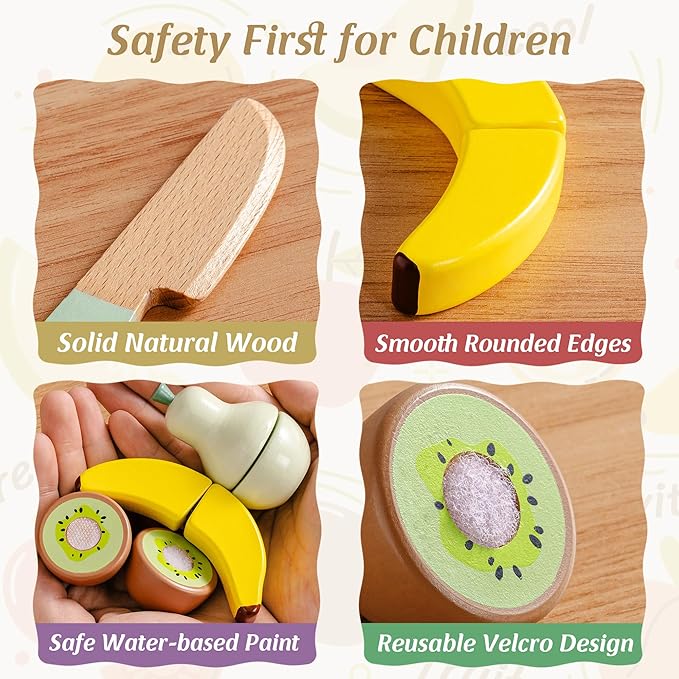 ROBUD Wooden Play Food for Kids, Picnic Cutting Fruit for Toy Kitchen Accessories, Picnic Basket Toy Set with Realistic Play Food, Develop STEM & Make, Montessori Toys for Toddler, WG422
