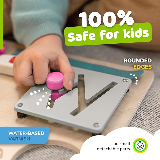 deMoca Sensory Busy Board for Toddlers, Premium Wooden Toddler Busy Board for 1 2 3 Year Old with 10 Educational Activities for Fine Motor Skills, Fidget Activity Toy for Travel Toy