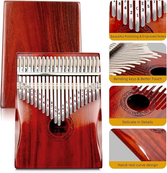Kalimba Thumb Piano,YUNDIE Portable 21 Keys Mbira Finger Piano with Tune Hammer and Study Instruction,Musical Instruments Gift for Adult Beginners Professional(Brownish Red) (21 Keys)