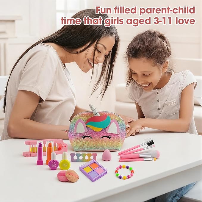 21Pcs Kids Makeup Kit for Girl, Princess Toys Real Washable Cosmetic Set with Sparkly Unicorn Purse, Kids Makeup Sets for Girls, Play Make Up Birthday Gifts for 3 4 5 6 7 8 9 10 11 12 Years Old Kid