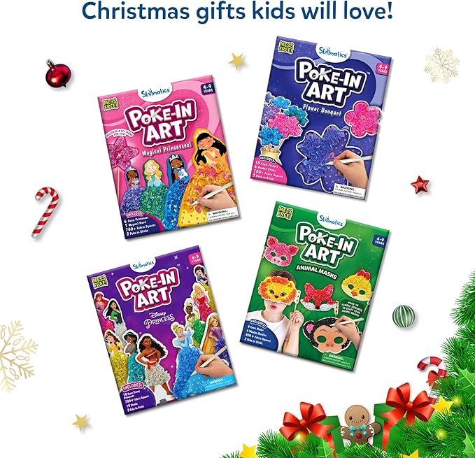 Skillmatics Poke-in Art - Disney Princesses, Mess-Free Fun for Kids, DIY Wood Craft Kits, Creative Christmas Gifts for Girls Ages 4, 5, 6, 7, 8, 9, Includes Cinderella, Ariel, Moana, Rapunzel & More