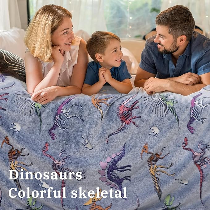 Glow in The Dark Dinosaur Blanket for Boys Girls Kids - Cute Dino Throw for Couch, Soft Warm Plush Fleece Toddler Blanket, Luminous 40"x50"