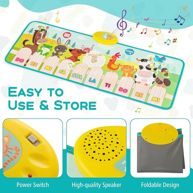 HONEY JOY Musical Piano Mat for Toddlers, Dancing Keyboard Music Carpet, Animal Sounds Blanket Touch Playmat, Early Sensory Educational Learning Toys for 3+ Years Old Baby Girls Boys (10-Key)
