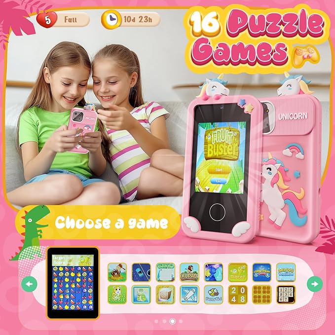 Luyiilo Kids Smart Phone Toys for Girls,Unicorn Gift Toys for Girls Ages 3-9 Christmas Birthday Gifts Mini Smart Phone Toys With 2.8" Touchscreen 16 Learning Games Dual Camera Music Player, 8G SD Card