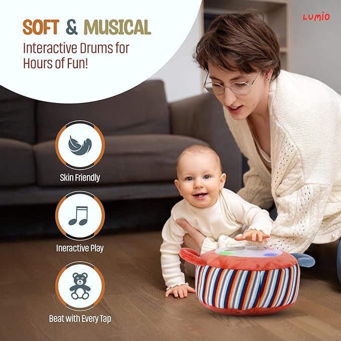 Lumio Interactive Musical Plush Toy with Lights and Sounds - Sensory Toy for 3 6 9 12-18 Months and up, Perfect for Tummy Time Rhythm Learning (Drum)