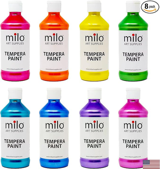 milo Washable Paint for Kids | Sparkle Pearlescent Tempera | Set of 8 Colors 8 oz Bottles | Made in the USA | Washable and Non-Toxic Glitter Art & Craft Poster Paints for Children, Toddlers, Classroom, School, Project