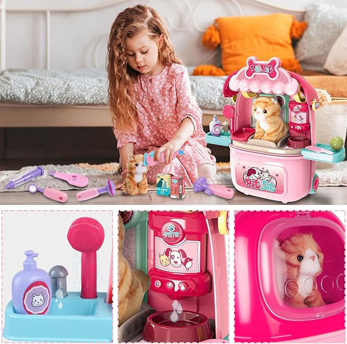 MAGIC4U Pet Cat Care Carrier Suitcase Toy, 29PCS Vet Clinic and Doctor Kit for Kids, Pet Kitty Grooming Feeding Toys, Veterinarian Pretend Play Set, Gifts for Boys and Girls Ages 3-12
