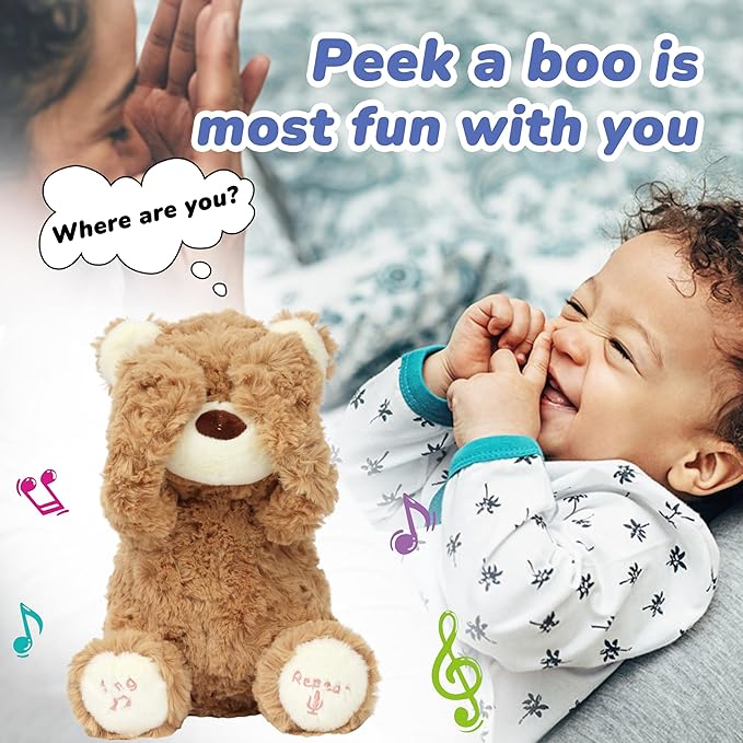 Hopearl Peek A Boo Bear Interactive Repeats What You Say Plush Teddy Bear Toy Musical Singing Talking Stuffed Animal Adorable Electric Animate Gift for Toddlers, Brown, 11''