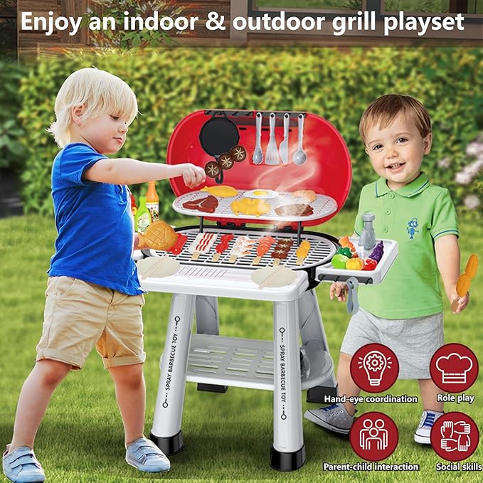 Play Kitchen Sets Toy for Toddlers 3-5, Indoor Outdoor Interactive Kids BBQ Grill Playset with Smoke, Sound & Light, Pretend Cutting Food, Christmas Birthday Gift for Boys and Girls 4-8.