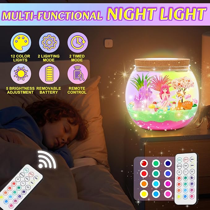 Fairy Garden Light Up Terrarium Kits for Kids – DIY Craft Kit with LED for Girls Ages 4-8 | Stem & Art Gift for Kids, Ideal for Birthday or Holiday