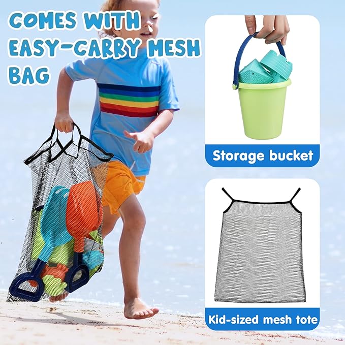 TOY Life 29 Pcs Dinosaur Beach Toys Sand Toys Toddlers with Castle Bucket Shovels & Sand Castle Building Kit Molds, Sandbox Toy Travel, Beach Party, Fishing, Summer Toy Activities