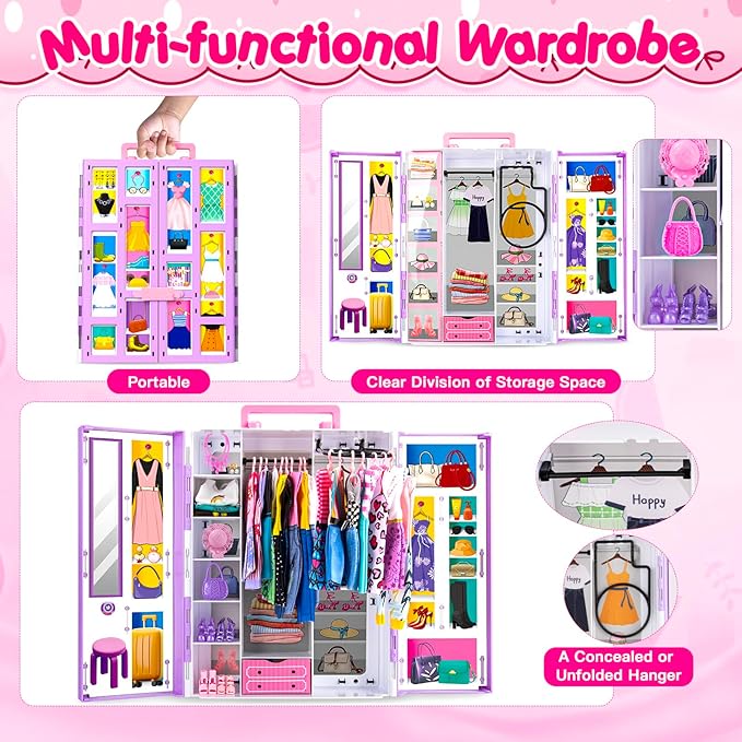 164 Pcs Doll Closet with 11.5 Inch Doll Clothes and Accessories Set, Camping Set, Princess Dresses, Camping Tent, Beach Swim Accessories Set, Diving Suit, Dress Up Toys for Girls Gift