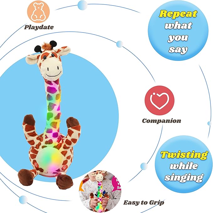 Hopearl Glowing Dancing Giraffe Toy Repeats What You Say Talking Toy Wriggle Singing Mimicking Twisting Electric Light Up Interactive Animated Speaking Gifts for Kids, Brown, 13''