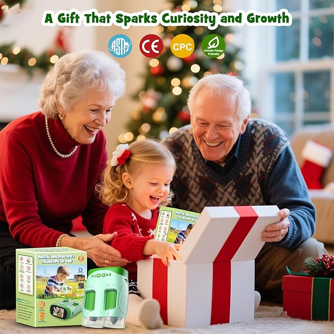 Handheld Microscope Toy for Kids : Rechargeable Telescope and Camera Combo with 6 Slides, Perfect for Indoor Outdoor Exploration, Portable Edu for Age 3-12 Children Students