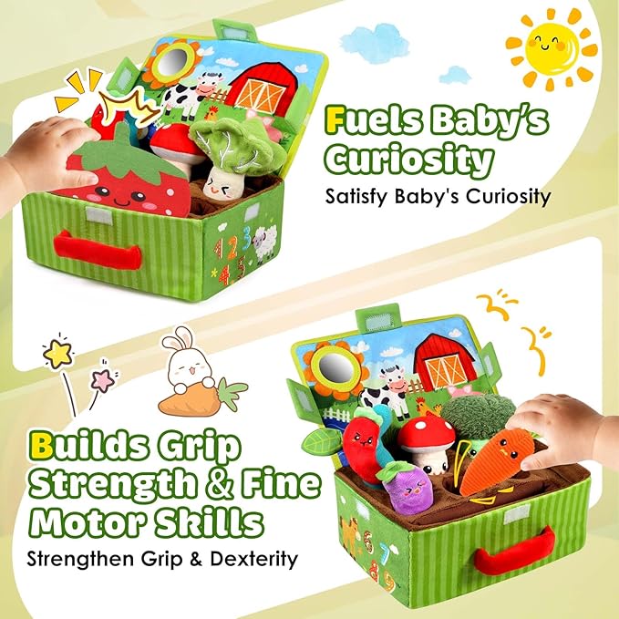 FREYBLI Baby Toys 6-12 Months - Soft Vegetable Garden Plant Plush Toy - 6 Month Old Developmental Toys Gifts, Montessori Sensory Toy for Baby with Rattles, Mirror, Squeaker, Textures, Crinkle Tissues