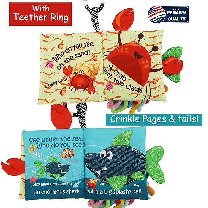 Fish Baby Books Toys, Touch and Feel Crinkle Cloth Books for Babies,Infant, Baby Toys 0-6-12 18 Months, Learning Education Soft Sensory Mirror Toy, Shower Gifts Christmas for Baby Boys Girls-Gift Box