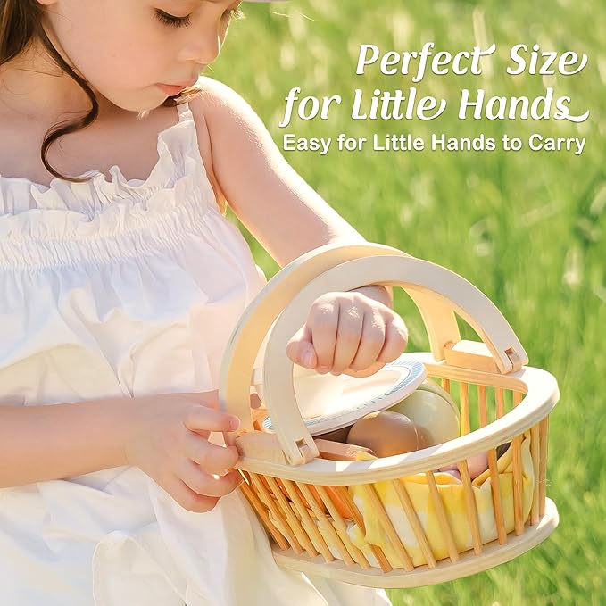 ROBUD Wooden Play Food for Kids, Picnic Cutting Fruit for Toy Kitchen Accessories, Picnic Basket Toy Set with Realistic Play Food, Develop STEM & Make, Montessori Toys for Toddler, WG422