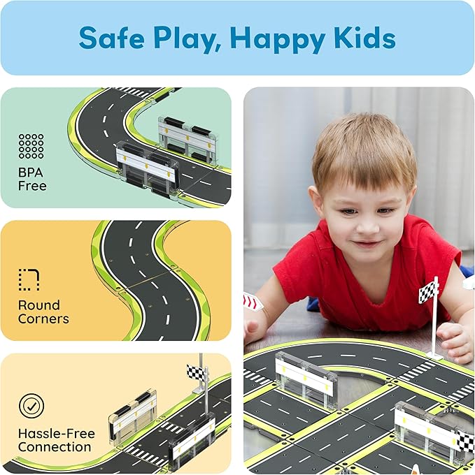 PicassoTiles Magnet Tile Building Block Construction Toy Set Street Sign Traffic Kit Highway Road Race Track with Bumper Barricade Accessory Sticker Education Magnetic Tiles Kids Age 3+ PTR03