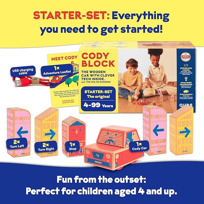 Cody Block Starter Set, Educational Wooden Building Blocks Coding and Car STEM Toys for Preschool Kids Ages 4+, Screen Free