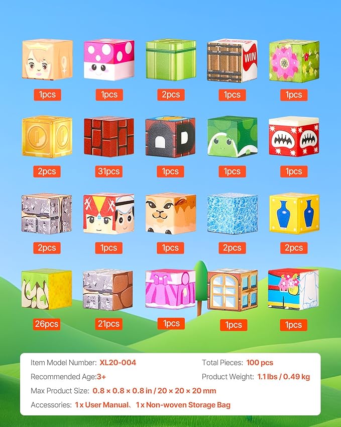 VEVOR Magnetic Blocks, 100 PCS Magnet Blocks Set, Magnetic Building Cubes for Kids, STEM Montessori Sensory Toys for Christmas Birthday Gift, Construction Stacking Toy for 3+ Years Old Boys & Girls