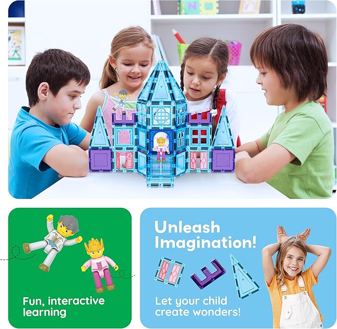 PicassoTiles 72 Piece Magnetic Building Tiles Castle Winter Ice Theme Construction Magnet Block Set with Princess Prince Character Stairs Windows Doors STEM Learning Educational Toy Kids Ages 3+ PT72