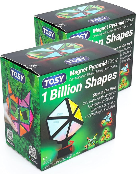TOSY Magnet Pyramid Glow - 1 Cube Transforms into 1 Billion Shapes, 12 Pieces, 243 Rare Earth Magnets, Glowing, Christmas Stocking Stuffers Gift for Kids, Creative Puzzle STEM/STEAM Toy, 2-Pack