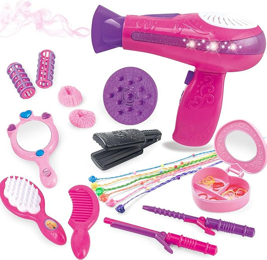 MEGAFUN Little Girls Beauty Hair Salon Toy Kit with Toy Hairdryer, Mirror & Other Accessories, Fashion Pretend Makeup Set for Kids