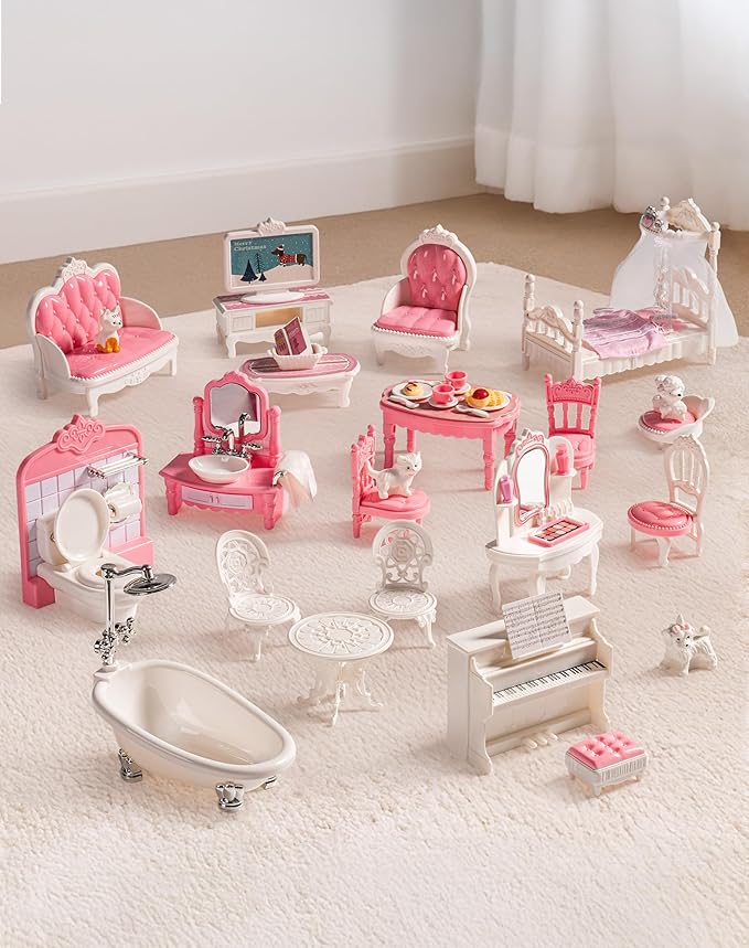 ROBUD Dollhouse Furniture, Pink Doll House Accessories and Furniture for Dining Room, Bathroom, Bedroomn,Living Room, Dollhouse Accessories Pretend Play Furniture Toys for Kids, WDHXX
