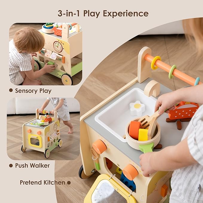Wooden Baby Walker 3-in-1 Push Toy for Toddlers, Montessori Sensory Activity Center with Pretend Kitchen, Adjustable Speed Learning Walker, Safe Wooden Toy, Ideal Gift for Boys and Girls