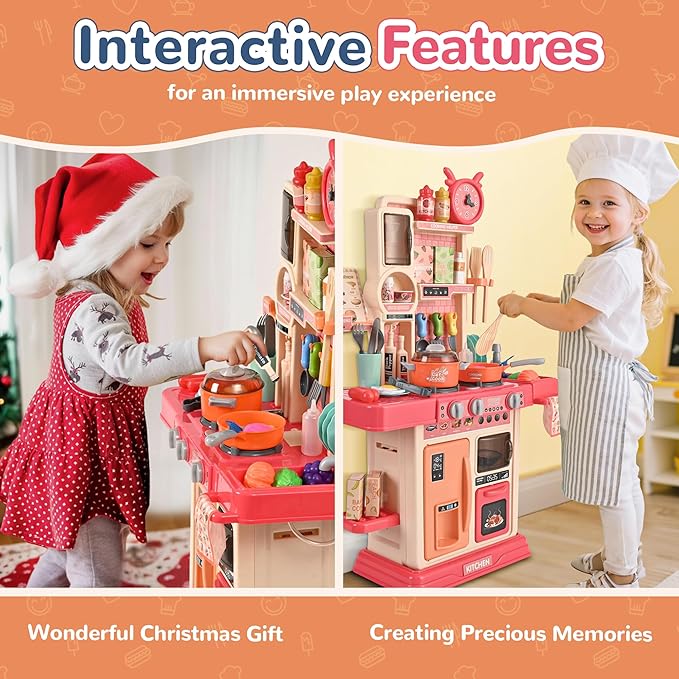 cossy Kids Play Kitchen,Toddler Kitchen with Sound and Light,Cooking Stove with Steam,Play Food Toy and Kitchen Accessories,Play Kitchen for Toddlers,Pink