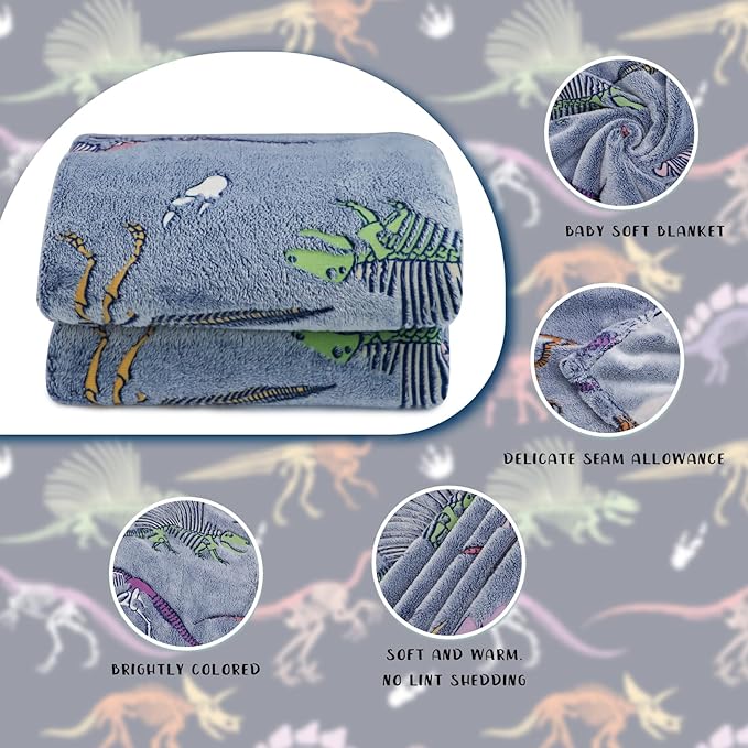 Glow in The Dark Dinosaur Blanket for Boys Girls Kids Cute Dino Throw Blankets for Couch, Kids Fleece Blankets, Soft Warm Plush Dinosaur Toddler Blanket Luminous