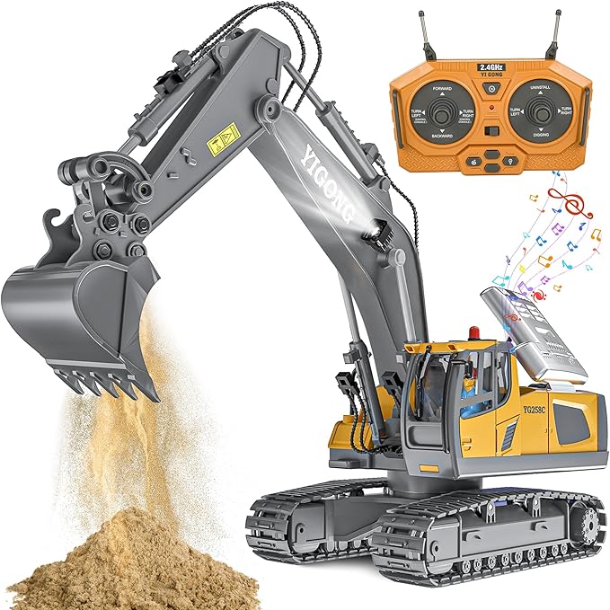 Remote Control Excavator Toy, Rechargeable 11 Channel 2.4Ghz RC Construction Vehicles with Metal Shovel for Kids, 680° Rotation with Lights and Sound - 1/20 Scale Digger for Boys 6-12