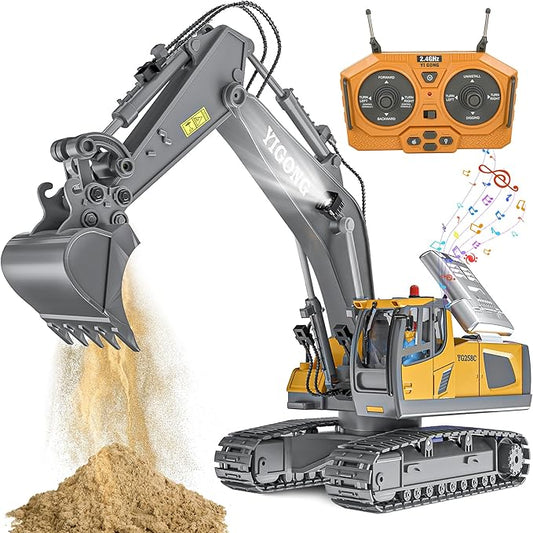 Remote Control Excavator Toy, Rechargeable 11 Channel 2.4Ghz RC Construction Vehicles with Metal Shovel for Kids, 680° Rotation with Lights and Sound - 1/20 Scale Digger for Boys 6-12