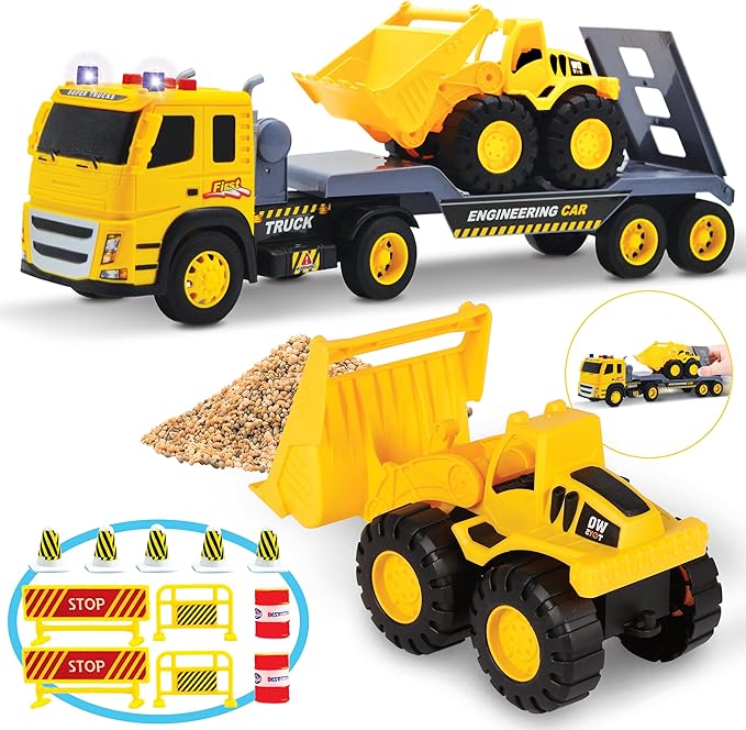 MOBIUS Toys Flatbed & Excavator Truck Set – 2-in-1 Friction-Powered Construction Vehicles with Lights & Sounds – Durable Push-and-Go Toy Trucks for Kids Ages 3–7 – Indoor & Outdoor Playset
