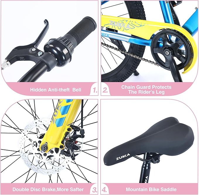 ZUKKA Kids Bike 20/24 Inch Mountain Bike Dual Disc Brake Suspension Fork Single Speed for Ages 7-12 Boys and Girls Youth Bicycle, Multiple Colors