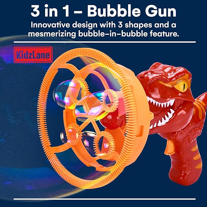 Kidzlane Dino Bubble Blower - Super Fun Handheld Bubble Blower Gun - Dinosaur Toy for Kids, Toddlers - Bubble Machine Turns into a Fan - for Parties, Easter Baskets, and Bathtime Fun - Ages 4-8