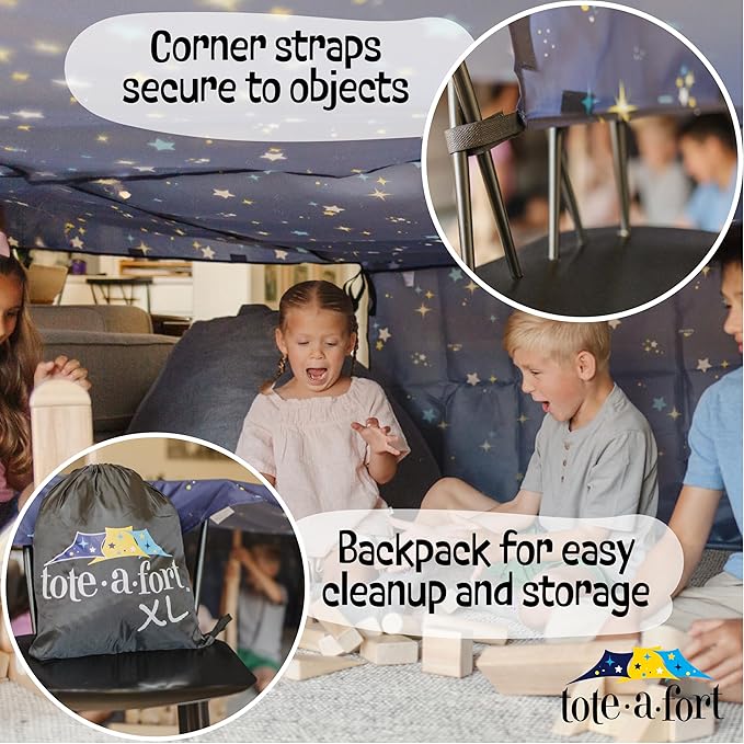 TOTE•A•FORT Blanket Fort Building Kit for Kids, 4 Blanket TOTEAFORT Toy, Make a Portable Playhouse, Play Tent Indoor Outdoor Build Set, STEM Children Toy, Ages 4, 8, 12 +, Starry XL