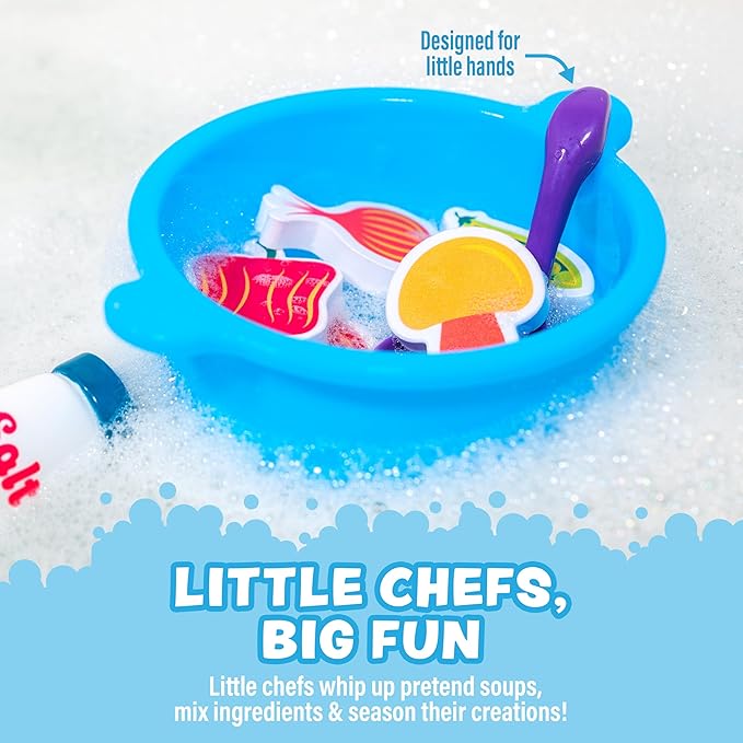 Tub Works® Tub Soup™ Scoop, Strain & Play Toddler Bath Toy | Floating Foam Veggies, Ladle for Scooping & Soup Pot for Straining | Pretend Play Cooking Kids Bath Toys | Creative Bathtub Toys
