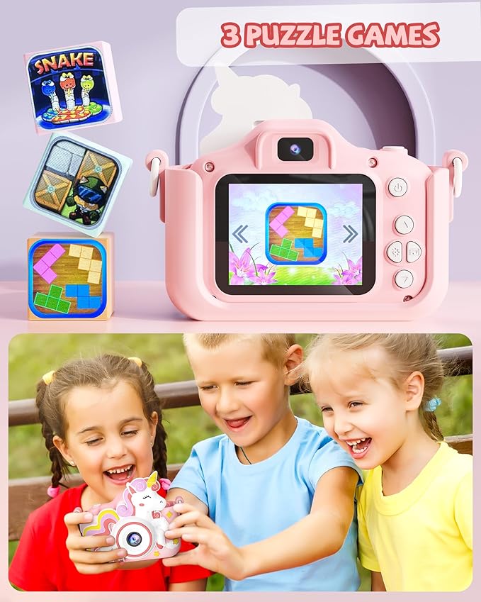 Kikapabi Unicorn Kids Camera Toys for Girls Boys Age 3-8, Christmas Birthday Gifts for Girls Age 3 4 5 6 7 8, Digital Camera with Silicon Cute Cover for Kids, Toddler Camera for Kids with 32G SD Card