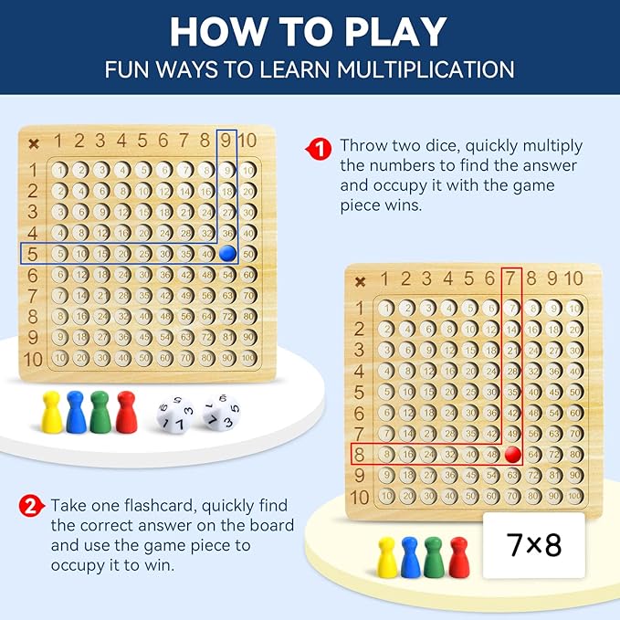 BAKAM Wooden Multiplication Board Math Game for Kids 8-12, Math Manipulatives Set with 100PCS Flash Cards for Kids 6-8 Years Old, Montessori Counting Toy Preschool Learning