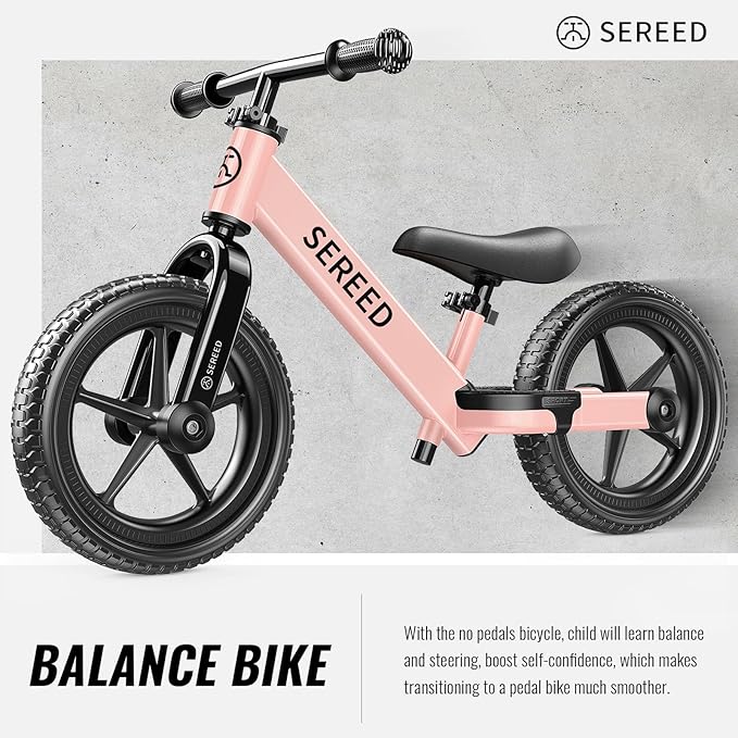 SEREED Toddler Balance Bike 2 Year Old, No Pedal Kids Bicycle Toys for 2-5 Years Old, Tool-Free Adjustment, Customize Plate with Stickers, Gift for 2-3 Boys Girls (Pink)