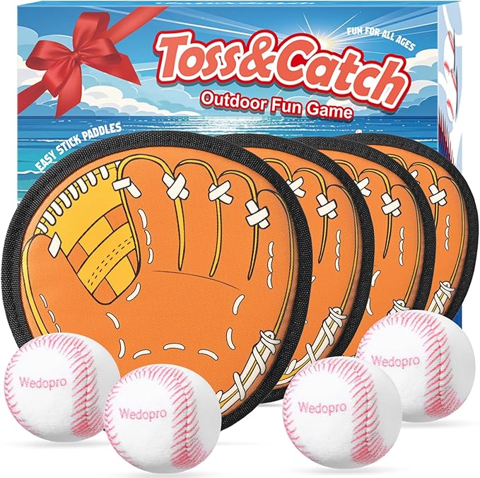 Toss and Catch Ball Game, Kids Toddler Baseball Glove & Catch Ball Toys, Kids Outdoor Games for Family, Toys for Beach Pool Yard Outside, Birthday Gift for Ages 3 4 5 6 7 8-12 (Brown 4 Pcak)